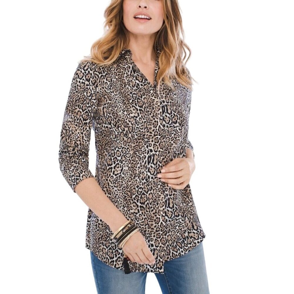 Chico's No Iron Cotton Cheetah Print Button Front Blouse Size L